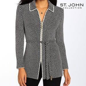 St. John Black/ White Striped Zip Front Belted Blazer 🇺🇸 Made in US.